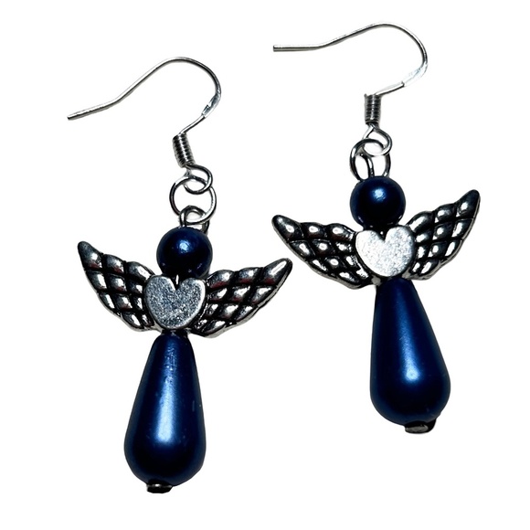 Hand Crafted Drop Earrings 3-D Articulating Angels Blue Pearl Silver Plate Wires - Picture 4 of 6